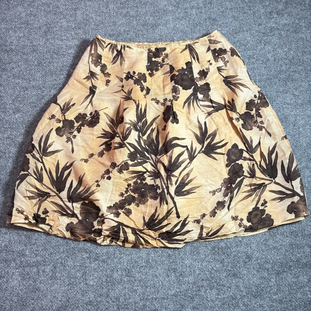Talbots Silk Blend Skirt Womens 12P Tan Brown Botanical‎ A-Line Petite